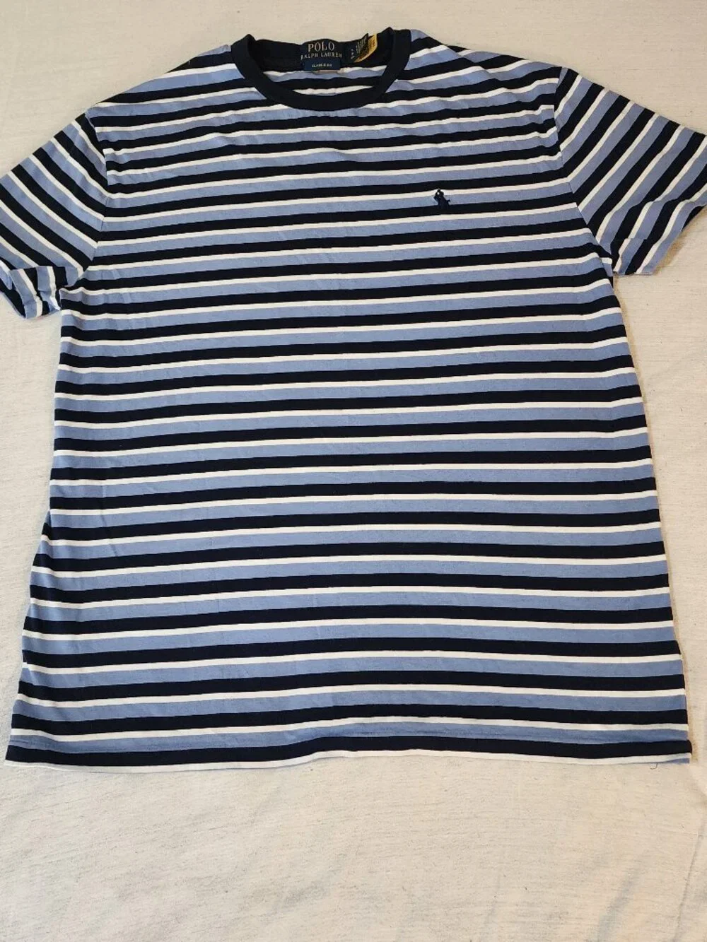 Polo Ralph Lauren Custom Slim Fit Striped Tee White Navy Blu Pony Men Size Small